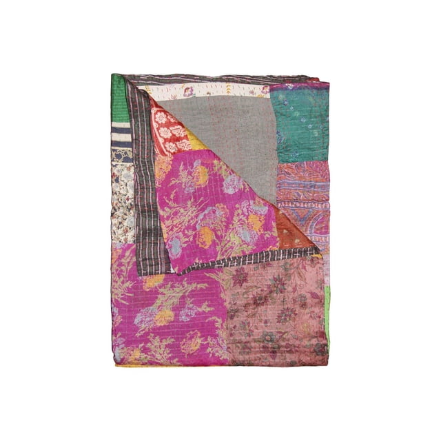 KANTHA SILK THROW BLANKET 50"X70" folded showing a patchwork of colorful silk squares in pink, green, red, and purple with floral and striped quilted patterns, handcrafted with visible stitching, suitable as a decorative throw, wall hanging, or table cover.