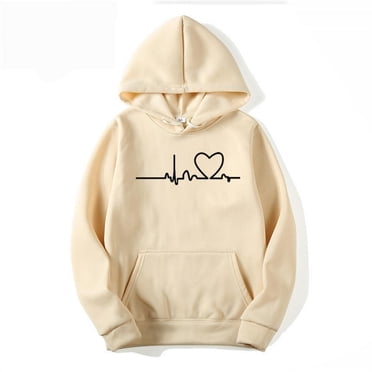 Bmisegm Women's Casual Printed Long-sleeved Hooded Sweater Casual Sweatshirts for Women Beige L