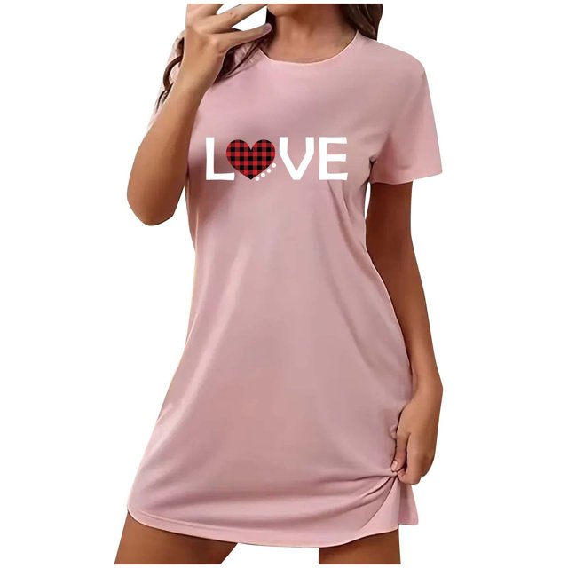 Pyjama en Soie pour Femmes Chemises de Nuit pour Femmes Manches Courtes Chemises de Nuit pour Dormir Nuisette à Enfiler Douce Mignonne Robe de Nuit Imprimée Robes pour Femmes Tenue de Nuit Robe de Pyjama m