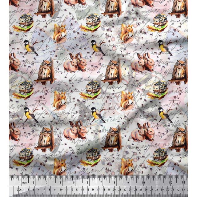 Soimoi Tissu Crêpe en Polyester Hibou, Tissu à Imprimé Animal Squirrel & Rabbit au Mètre, 52 Pouces de Large