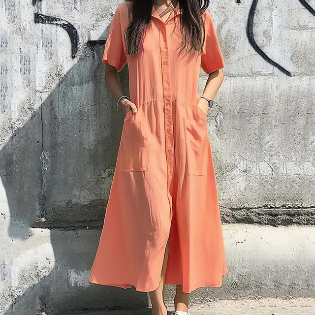 Ovzne Robes pour Femmes 2025 Robe Femme Décontractée à Manches Courtes avec Poche Long Cardigan Robe Chemise Multicolore Robe d'Été à Manches Courtes Liquidation