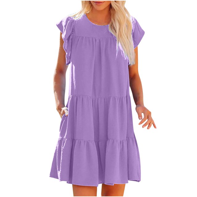 Liquidation d'Économies d'Été RKSTN Robe d'Été pour Femmes, Couleur Unie, Col Rond, Manches Courtes, Robe de Fête, Robe de Plage Ample