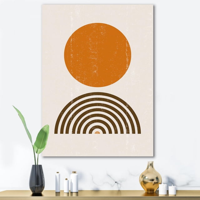 Designart Art Mural sur Toile Minimaliste Abstrait Soleil Orange et Arc-en-Ciel I Montrant un Cercle Orange Centré au-Dessus d'Un Motif Arc-en-Ciel Semi-Circulaire Brun sur Toile de Coton beige Texturée de Qualité Supérieure, Enveloppé pour Galerie avec design s'Étendant sur les Côtés, Prêt à Accrocher dans une Pièce Minimaliste avec des vases Décoratifs et une Plante Verte.