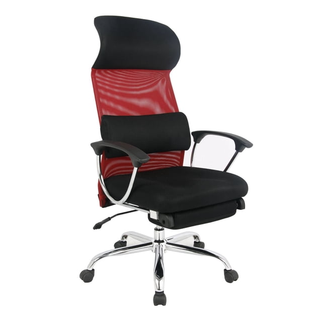 TygerClaw Ergonomic High Back Mesh Office Chair with Headrest featuring a red mesh backrest and black cushioned seat with built-in lumbar support, adjustable pneumatic seat height, tilt tension control, chromed steel base, and dual-wheel casters for smooth 360-degree swivel, ideal for office use and extended desk work comfort.