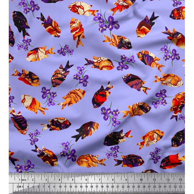 Soimoi Viscose Chiffon Fabric Floral & Textured Fish Ocean Printed Craft Fabric by The Yard 42 Inch Wide