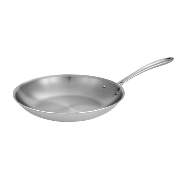 Tramontina Tri-Ply Clad Stainless Steel Fry Pan shown in a 3/4 profile with tri-ply clad construction of 18/10 stainless steel and aluminum core, riveted ergonomic handle, induction-compatible, oven-safe to 500°F, suitable for home and professional kitchens.