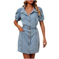 thumbnail image 1 of AherBiu Robe en Jean pour Femmes à Manches Courtes, Robe en Denim Boutonnée, Col à Revers, Col en V, Ceinturée, Coupe Droite, avec Poches, 1 of 7