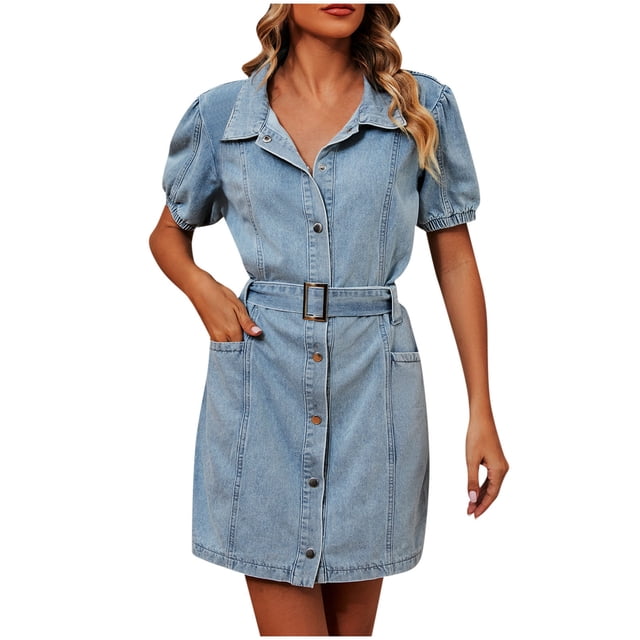 AherBiu Robe en Jean pour Femmes à Manches Courtes, Robe en Denim Boutonnée, Col à Revers, Col en V, Ceinturée, Coupe Droite, avec Poches