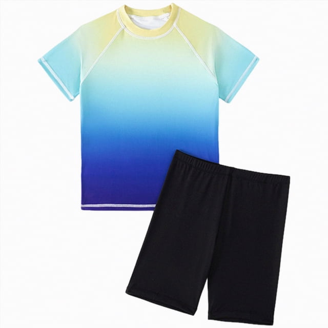 Gubotare Boys Swimsuits Set Boys Rash Guard Set for Boys 2 Piece Swimsuits Short Sleeve Bathing Suits with Trunks Quick Dry Swim Shirts Size 6-7 Years (Blue,6-7 Years)
