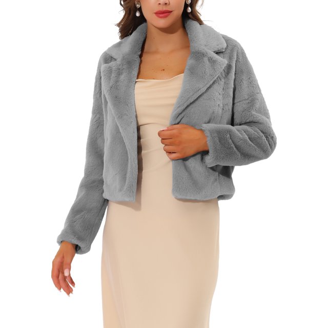 INSPIRE CHIC Women's Notch Collar Long Sleeve Open Front Faux Fur Fluffy Cropped Jacket S Grey