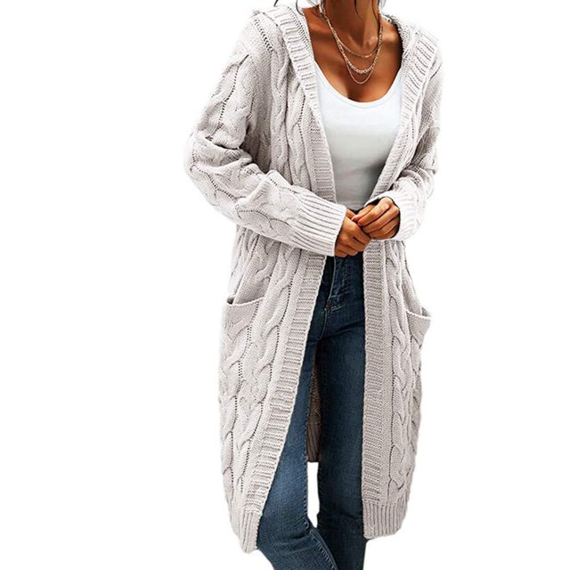Women Hooded Open Front Cardigan Cable Knit Sweaters Solid Chunky Long Sweater Coats with Pockets