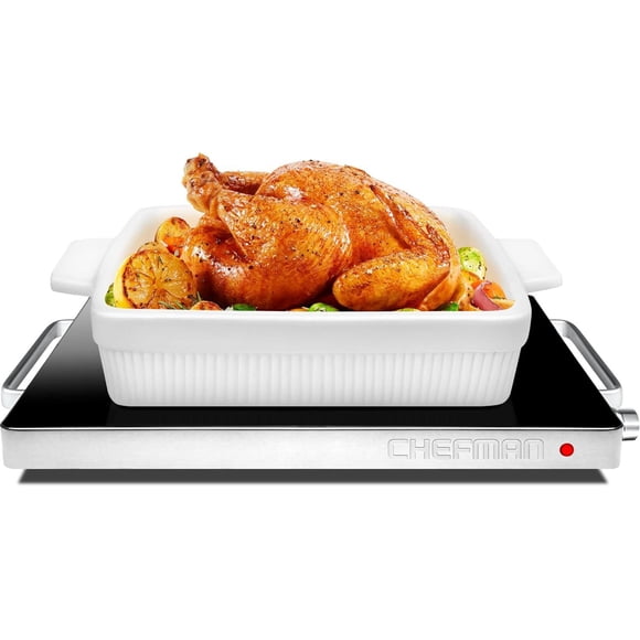 Chefman Compact 38 x 30 cm (15"x12") Glass Top Electric Warming Tray with Adjustable Temperature Control - Stainless Steel, New