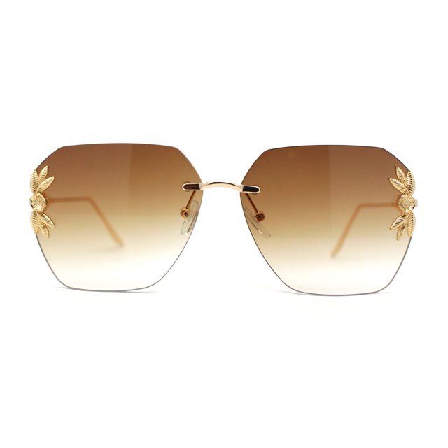 Rimless Foliage Flower Jewel Trim Rectangle Chic Sunglasses Gold Brown