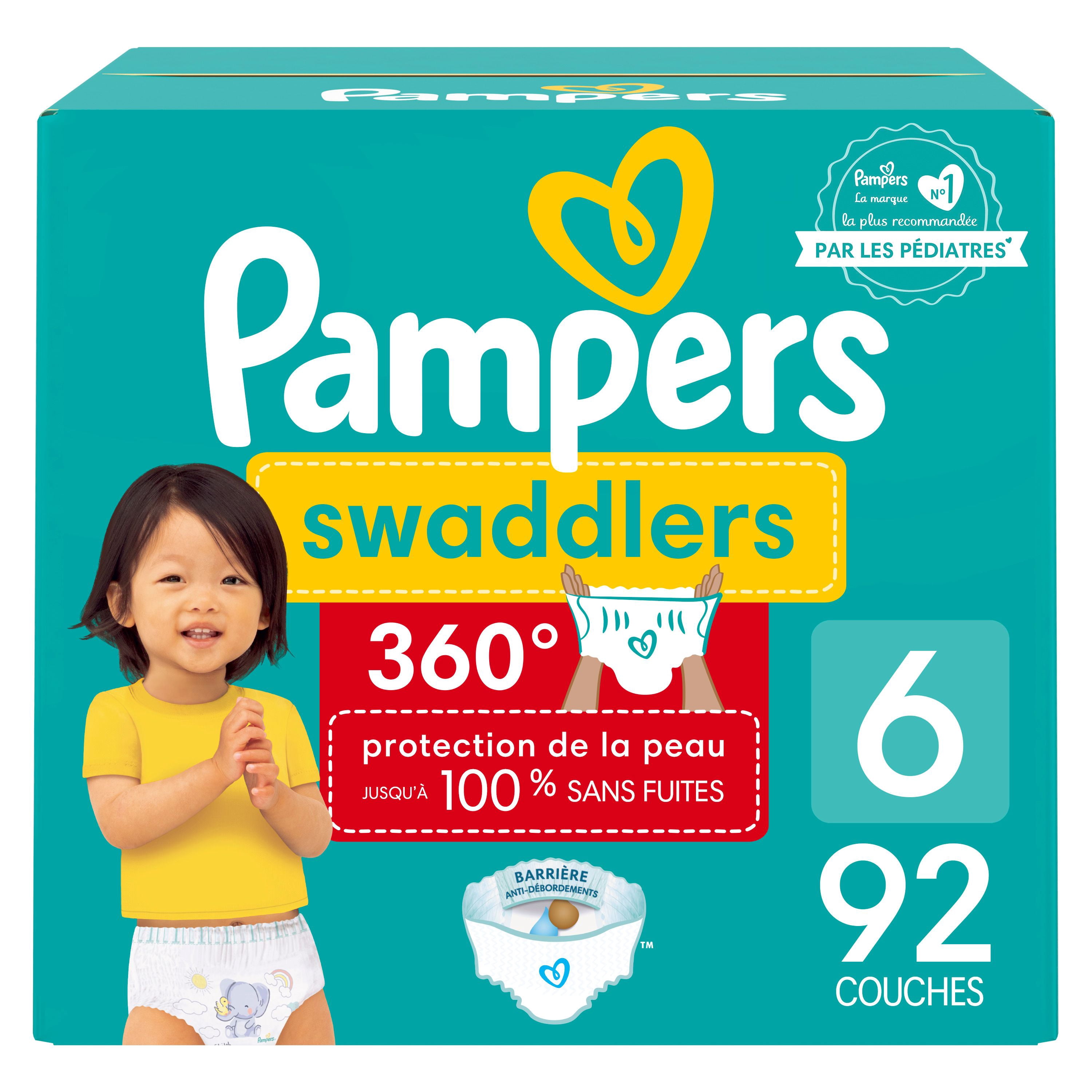 Pampers Couches - Swaddlers 360° - Taille 6, jusqu'à 100 % Anti-Fuites, Ajustement Confortable et au Sec, Attaches EZ Off Conçues pour des Changements Faciles, Couche à Enfiler