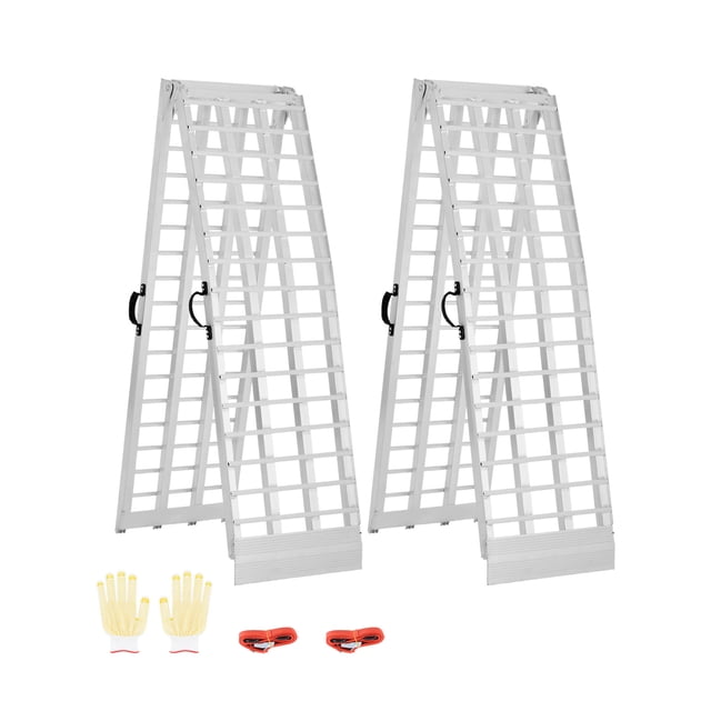VEVOR Rampes en Aluminium de 2000 Lb, Ensemble de 2 Rampes de Chargement Robustes avec Poignées, Montrées en position Repliée. Fabriquées en Aluminium Résistant à la Corrosion avec un design durable et Arqué, Ces Rampes Comportent des Plaques à Griffes en Caoutchouc pour une Stabilité Antidérapante et des Sangles de fixation Ajustables pour une fixation Améliorée. l'Emballage Comprend une Paire de Gants et Deux Sangles pour un transport Sécuritaire. Idéal pour le Chargement de VTT, UTV, Motos et Autres Véhicules. Compact et Pliable pour un Rangement et une Portabilité Faciles.