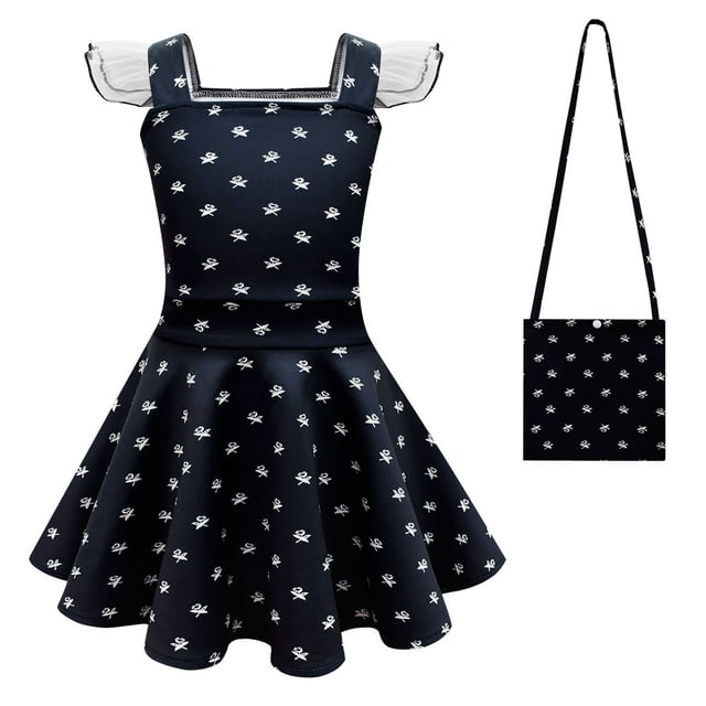 HAWEE Costume d'Addams pour Filles Robe Noire à Manches Volantées Robe Décontractée Fête d'Halloween Cosplay Wednesday Addams avec Perruque, Sac
