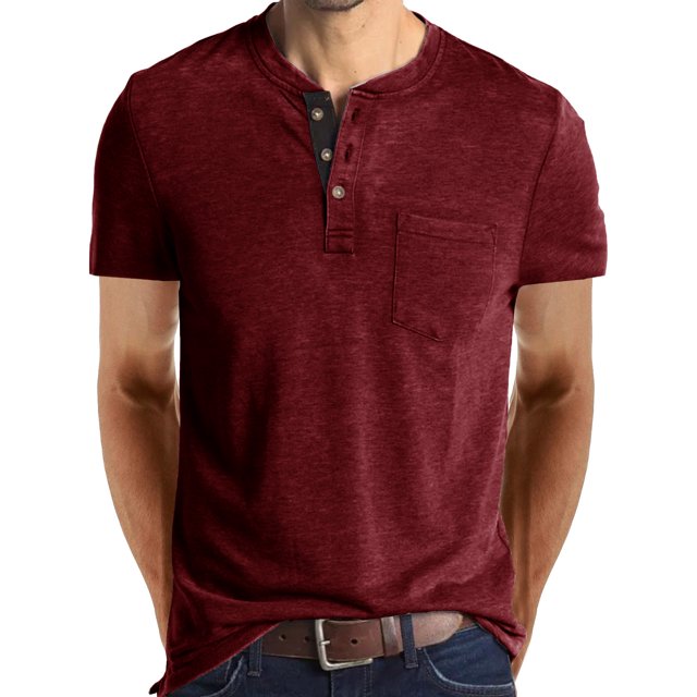 Innerwin Blouse Crew Neck Mens Summer Tops Work Henley Collar Regular Fit T Shirts Wine Red M