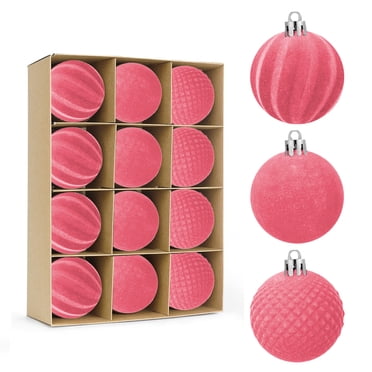 Staron 12Pcs Pink Velvet Christmas Ornament Bulk Flocked Christmas Tree Ball Ornaments Xmas Decorative 60mm Large Christmas Ornaments Christmas Tree Decoration for Xmas Tree