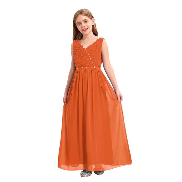 Miaeowve Robe de Demoiselle d'Honneur pour Fille Sans Manches en Mousseline Perlée, Robe de Demoiselle d'Honneur Junior, Robe de Fête de Mariage pour Filles, Orange 4
