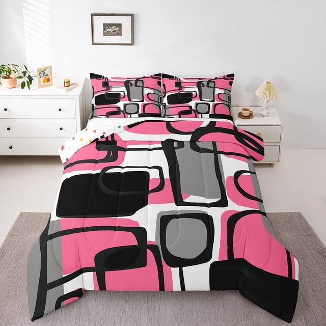 Erosebridal Pink Sqare Comforter Sets Queen Size,Abstract Stripes Bedding Queen Comforter Set,Geometric Decoration,Reversible,Breathable,3 Pieces