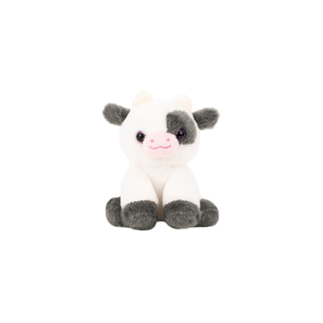 Russ Berrie Petooties - 4" Cow S25 plush toy featuring a small, soft white cow with gray ears, a gray patch around one eye, and gray hooves, sitting upright on a white background, suitable as a cuddly plush companion and collectible toy.