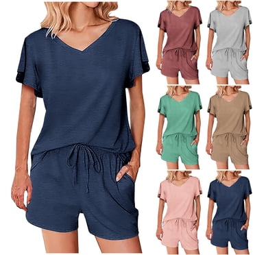 WRKEKC 2 Piece Sets for Women, Summer Outfits for Women, Ladies' Summer V-Neck Casual Solid Color Short Sleeve Tops and Elastic Waist Shorts Set