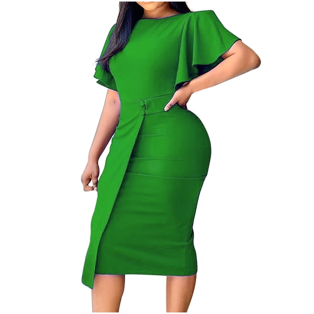 QUYUON Robes Boho pour Femmes 2023 Liquidation Robe de Travail Col Rond Robes d'Automne Femmes Décontractées Manches Longues Midi Robe Maxi Style D-13978 Vert P