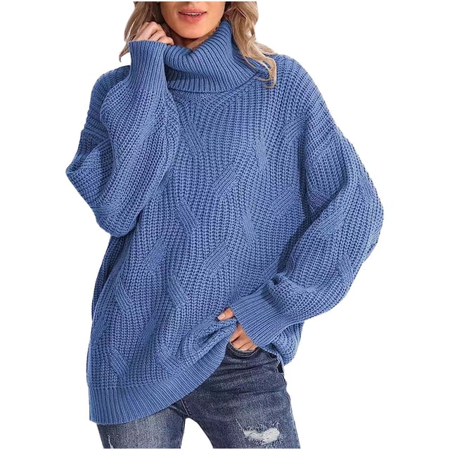 Yuyuzo women's oversized turtleneck sweater in a ribbed knit solid design, featuring long sleeves and a relaxed fit. The sweater is displayed in a soft, lightweight material paired with distressed jeans, ideal for casual and cozy wear.