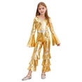 thumbnail image 1 of Manyakai Combinaisons Rétro à Manches Longues Évasées pour Filles Enfants Disco Movie Star Chanteuse Déguisement Soirée Rave Justaucorps Or 14, 1 of 7