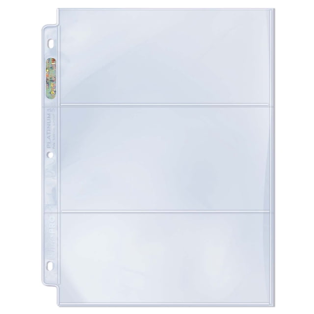 Ultra PRO Page Platine à 3 Pochettes avec Pochettes 3-1/2 X 7-1/2, Feuille d'Archivage Transparente en Polypropylène Non PVC avec Trois Pochettes Horizontales pour Cartes à Échanger, Cartes Postales Ou photos, Reliure standard à 3 Anneaux à 3 Trous Perforée, avec Sceau Holographique Ultra PRO sur la Colonne Vertébrale, Souvent Utilisée pour Ranger en Toute Sécurité des Cartes de Collection et des Souvenirs.