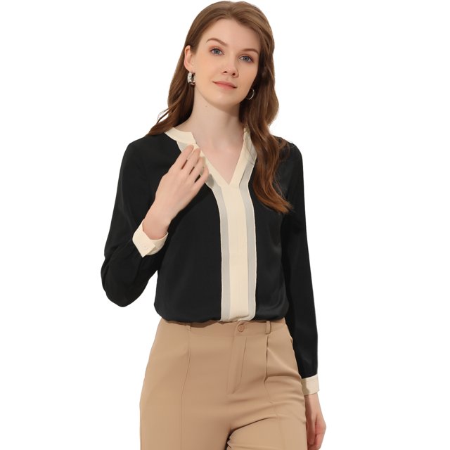 INSPIRE CHIC Women's Split Neck Pleated Front Contrast Color Blouse Tops Black XS