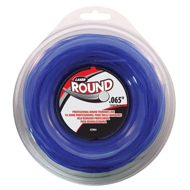 Laser Round Professional .065 inch x 250 feet Trimmer Line in blue, coiled inside clear plastic packaging with a central label showing the brand, diameter, and product details in English, French, and Spanish, designed for gas and electric powered trimmers and suitable for professional and casual users.