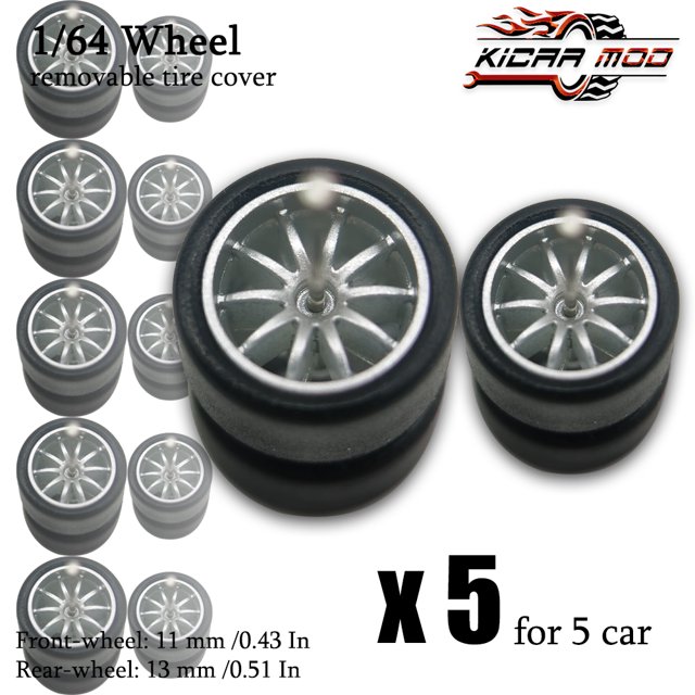 1/64 Front Small Rear Big Wheels with Detachable Slick Rubber Tires for Model Cars Refiting Parts for Hotwheels (5 Sets) RLCBS004