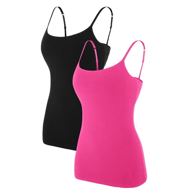 Charmo Women's Basic Cami Adjustable Spaghetti Strap Built in Bra Tank Top 2 Pack, ideal for women's lingerie and layering. Includes one black and one pink camisole with adjustable spaghetti straps, a scoop neckline, and a built-in shelf bra for secure support. Crafted from a cotton blend with spandex for stretch and comfort, these lightweight camisoles are versatile for layering or wearing alone.