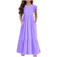 thumbnail image 2 of VKOYWKM Robes Maxi Décontractées pour Filles Manches Courtes Col Rond Robe à Étages avec Poches Robes d'Été pour 6-12 Ans, 2 of 6