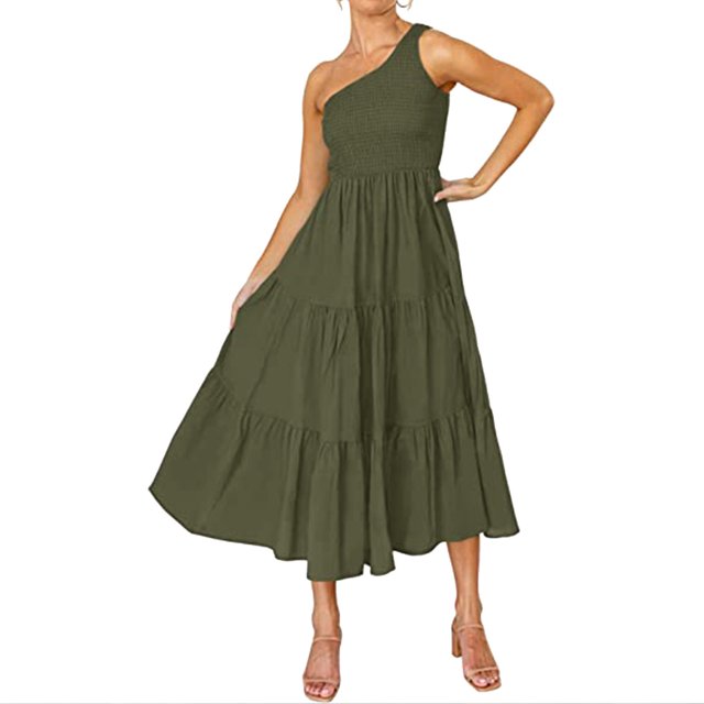 B91xZ Robe Maxi à Encolure Carrée Sans Manches à Nouer Dos Nu à Volants Évasée Décontractée, Vert P