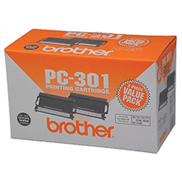 Brand New Original Brother PC-301 Film Cartridge and Roll for Brother IntelliFax 775. The packaging highlights the PC-301 printing cartridge with a 250-page yield at 5% coverage. It includes a 1-year warranty with free replacement or refund. The box features an orange and white design with the Brother logo prominently displayed.