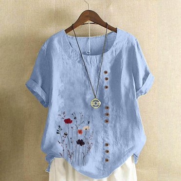 Staron Clearance Summer Shirts for Women Cotton Linen Dressy Loose Fit Plus Size Casual T-Shirts Floral Print Round Neck Roll Up Short Sleeve Tops