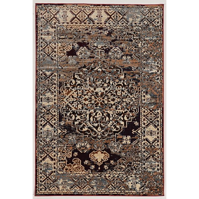 Vintage Tapis d'Accent Nain Beige et Bleu 2 Pieds x 3 Pieds avec Motif Médaillon Vieilli en Tons Beige, Bleu et Brun sur Poils Courts en Microfibre polyester, Bordé de Motifs Géométriques, Convient pour Rehausser de Petits Espaces Ou Entrées avec un style Vintage.
