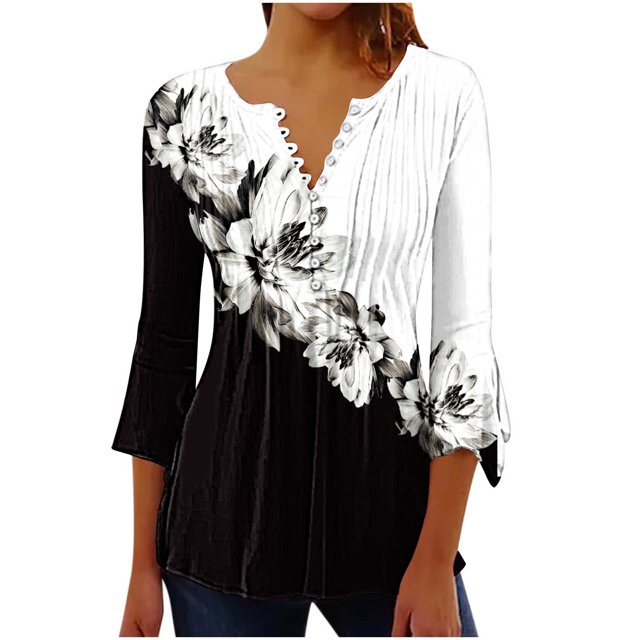 Birdeem Corset Tunique Basique à Manches 3/4 Trompette Imprimée Boutonnée Plissée