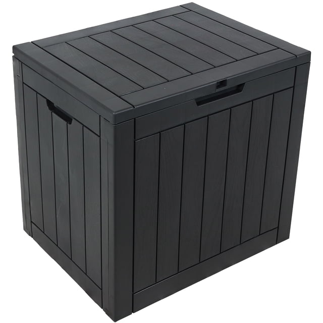 Sunnydaze Lockable Outdoor Small Deck Box with Storage and Side Handles - 32-Gal. - Phantom Gray. A compact, UV-protected, weather-resistant polypropylene resin deck box with a woodgrain texture, ideal for outdoor storage of patio cushions, pool supplies, tools, and seasonal items. Features a lockable lid, side handles for portability, and a 32-gallon capacity. Suitable for decks, patios, and poolside areas. Measures 22 inches wide, 17 inches deep, and 21 inches high.