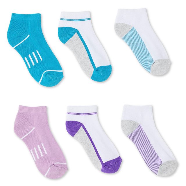Athletic Works Girls' Anklet 6-Pack with six pairs of ankle-length socks in assorted colours including solid turquoise, white with turquoise and grey accents, white with light blue stripes, solid lavender, white with purple and grey accents, and white with purple stripes, made from soft knit fabric with ribbed cuffs for a secure fit, ideal for sports and casual wear.