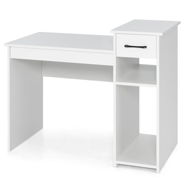 Patiojoy Bureau d'Ordinateur avec Tablette de Rangement Bureau d'Étude Moderne avec Tiroir Bureau Polyvalent pour Bureau à Domicile Table pour Portable en Blanc. Comprend un Grand Plateau, un Tiroir Coulissant avec une Poignée Fonctionnelle et une Étagère Ouverte à 2 Niveaux pour le Rangement, Incluant de l'Espace pour un Hôte d'Ordinateur. le Bureau Comprend une Tablette Latérale pour une Organisation Supplémentaire. Fait de MDF et de Bois d'Ingénierie, Sa structure stable avec Patins Antidérapants pour Protéger les Planchers. Dimensions Sont de 40 Pouces de Large, 20 Pouces de Profondeur et 32,5 Pouces de Hauteur.