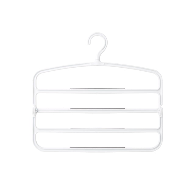 neatfreak!® 4 Tier Non-Slip Pant Hanger, Adult foldable, space-saving four-tier plastic pant hanger with non-slip TPE-coated bars that secure up to four pairs of pants; assembled 15.63" L x 0.79" W x 14.63" H (39 cm x 2 cm x 37.15 cm) for compact closet organization, also suitable for storing folded scarves or lightweight linens.