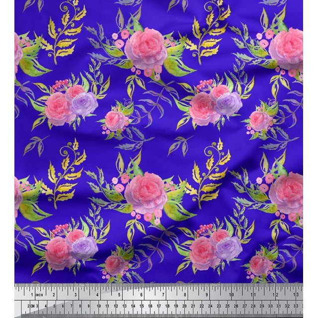 Soimoi Blue Poly Georgette Fabric Leaves & Rose Floral Printed Fabric 1 Yard 52 Inch Wide