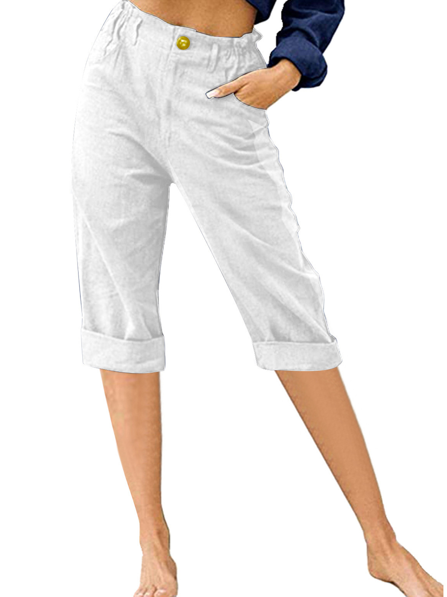 Innerwin Women's High Waist Cropped Capri Pants, Solid Color, White, Size M