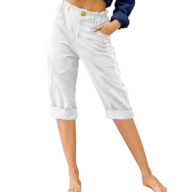 Innerwin Cropped Pant High Waist Women Capri Pants Beach Button Lounge Capris White XL
