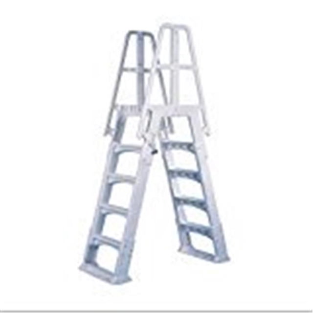 Vinyl Works Canada SLAW Slide Lock A Frame Above Ground Pool Ladder in white, a durable pool accessory featuring double handrails, 4 base treads, and a top-step platform adjustable from 48 to 56 inches. Designed for above-ground pools with up to 4.5-foot side walls, it offers a 300-pound load capacity and includes safety signage. Made of maintenance-free resin and stainless steel hardware.