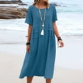 thumbnail image 4 of yoeyez Robes en Coton et Lin pour Femmes pour l'Été, Robes Unies à Col Rond pour Dames, Coupe Ample, Manches Courtes, Robe Midi Décontractée de Plage Évasée Bleu, m, 4 of 7