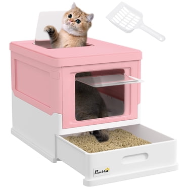 PawHut Enclosed Cat Litter Box with Scoop, Tray, Top Entry, Foldable, Pink